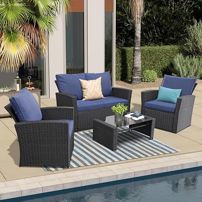 FHFO 4 Piece Outdoor Patio Furniture Set,Wicker Conversation Sets Outdoor Sectional Patio Sofa Couch with Cushions & Coffee Table for Outside, Garden, Balcony, Porch,Black/Blue
