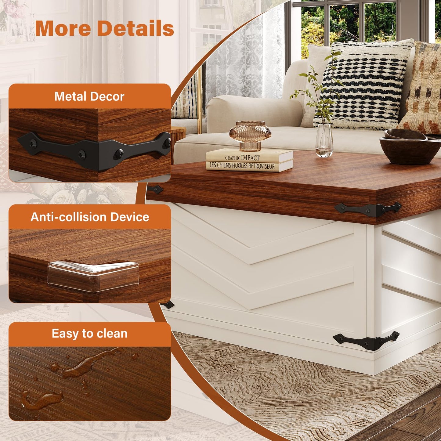 UNIQUITE 31.5'' Lift Top Coffee Table, Sliding Top Square Center Table with Large Hidden Storage Organizer, Multi-Functional Farmhouse Coffee Tables for Living Room, Bedroom, Home Office, White