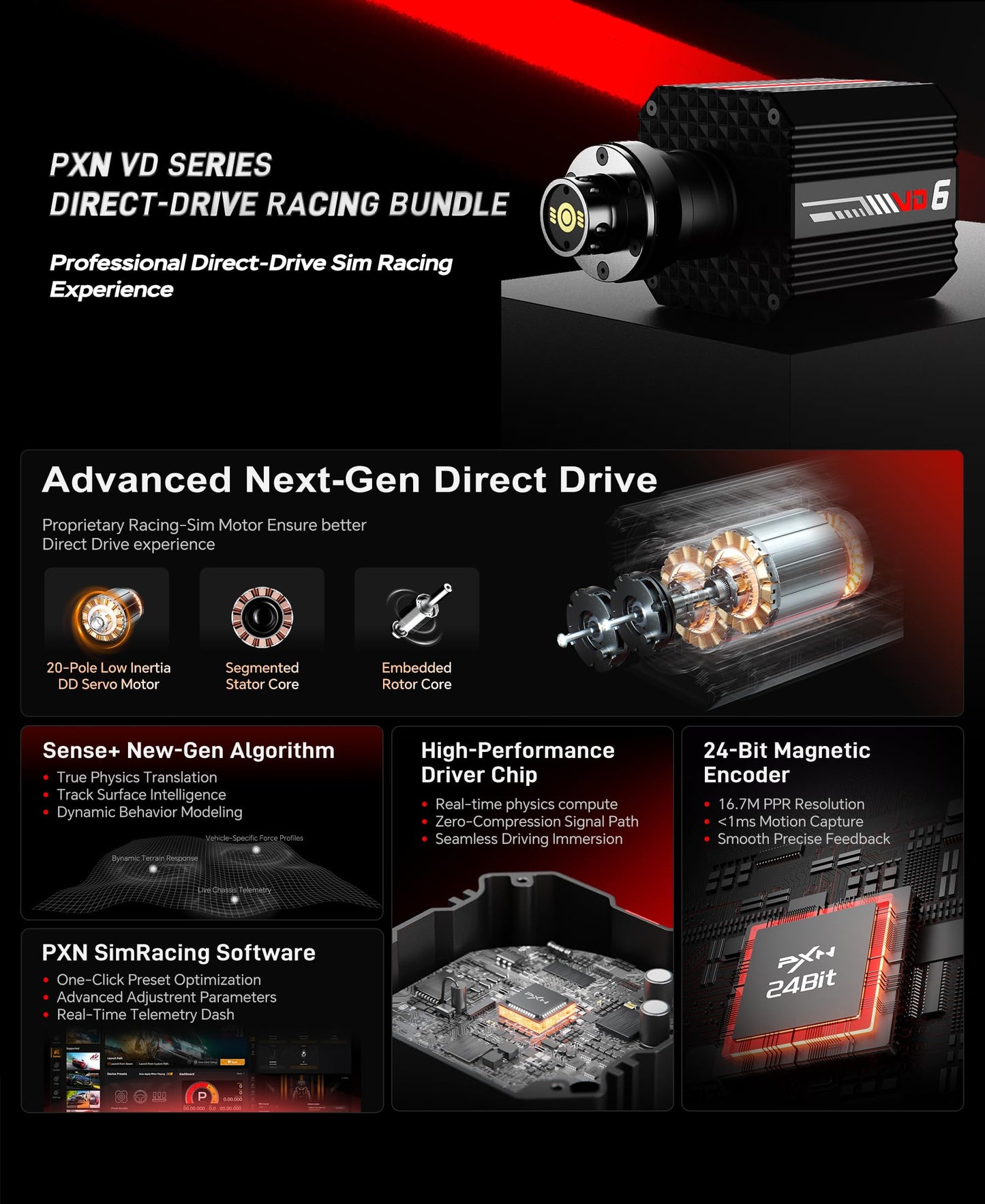 PXN VD6 Direct Drive Racing Wheel Bundle – 6Nm Servo Motor Base, 11 in Steering Wheel with Quick Release, Hall Effect Pedals, Table Clamp, PC Tuning Software Support, Racing Simulator Set for Windows