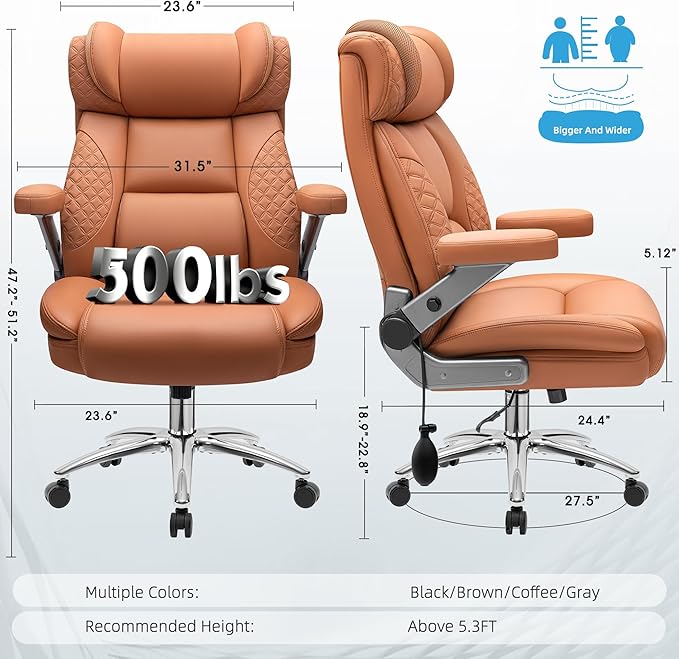 Office Chair, 5D Flip Arm Ergonomic Desk Chair with Adjustable Lumbar Support for Back Pain, Extra Wide 500LBS Comfy Big and Tall Office Chair, Executive Leather Computer Game Chair for Heavy People