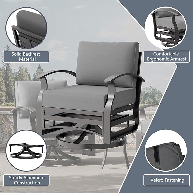 RTDTD Aluminum Outdoor Patio Furniture Set,4 Pieces 5 Seats Patio Conversation Sets with 45" Propane Fire Pit Table,Metal Patio Sectional Furniture Set with 2 Swivel Rocking Chairs,Grey