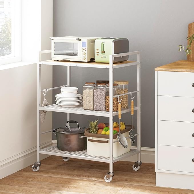 XIVIRACK 3-Tier Metal Storage Rack with Industrial Wheels,Mesh Shelving Unit with Wooden Table top,Adjustable Shelf,23.6-Inch Width,15.8-Inch Depth, for Kitchen, Laundry,Pantry,Plant,white