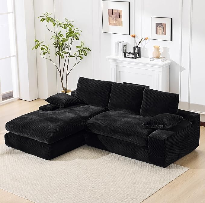 98.4" Black Sectional Sofa Cloud Modular Sectional Couch with Chaise,Corduroy Sectional Couches L-Shaped Modern Upholstered Sofa with Deep Seat for Living Room and Bedroom,No Assembly Required(Black)