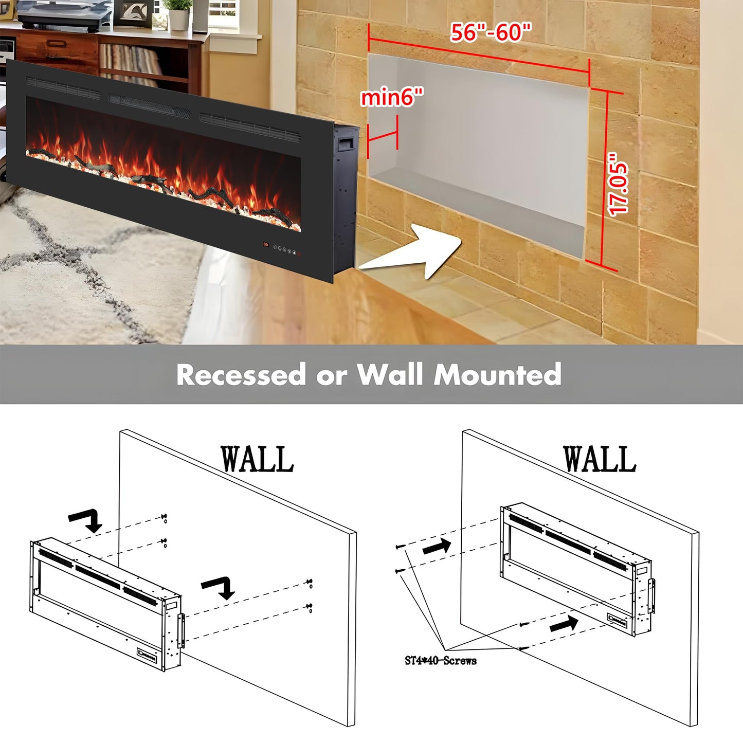 Valuxhome Wall Mounted and Recessed 60 Inches Electric Fireplace Inserts with Remote Control, 13 Flame and Flue Bed Colors, Fireplace Heater for Indoor Use,750/1500W