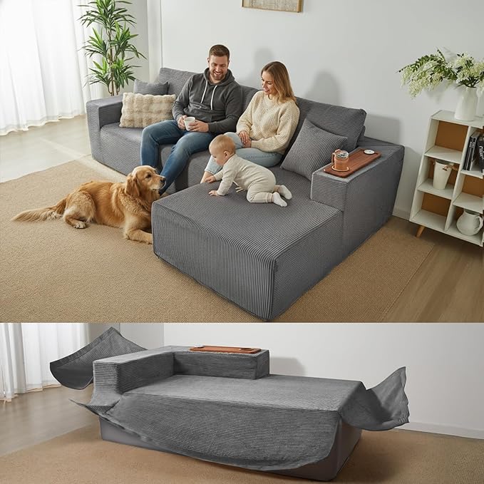 Modular Sectional Sofa Cloud Couch with Multi-Functional Armrests, Boneless Plush L-Shape Living Room Couch with Deep Seat, Fluffy Comfy Sleeper Sofa Easy Assembly (Gray, Left Chaise)