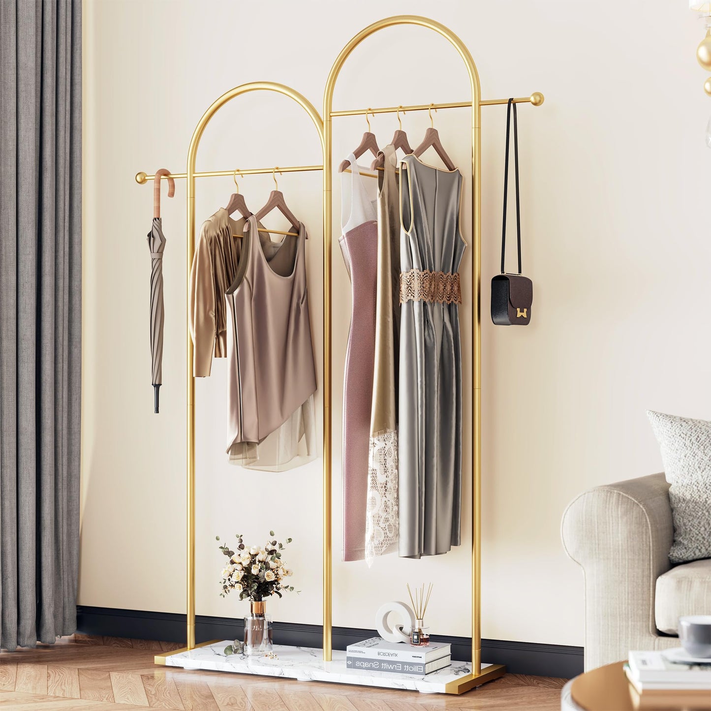Raybee 76.7" H Gold Clothing Rack, Modern Coat Rack with Shelf, Metal Clothes Rack for Boutiques, Entryway, Living Room, Bedroom