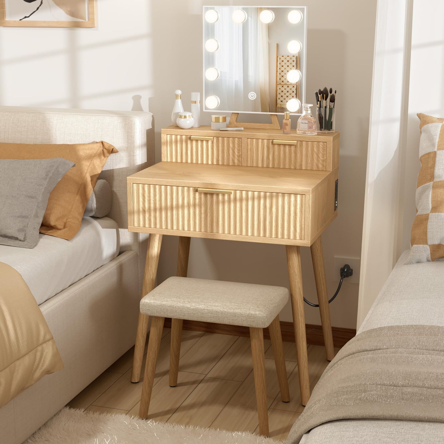 BOLUO Small Vanity Desk with Hollywood Mirror and Lights, Girls Vanity with Stool, Fluted Vanity Set, Compact Make Up Table with Drawers and Outlet Bedroom