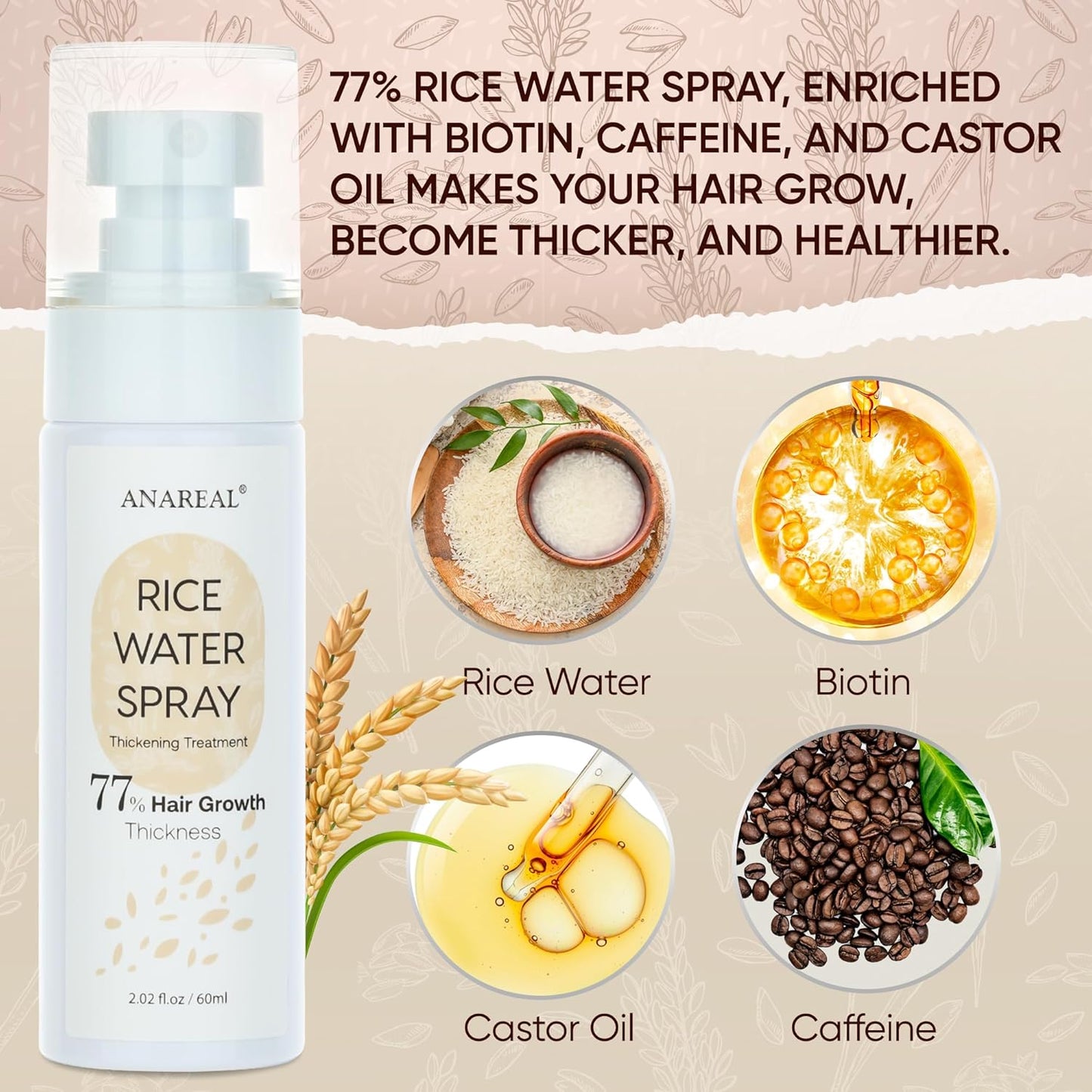 Hair Growth Oil Spray: Fermented Rice Water with Biotin & Castor Oil for Daily Hair Thickening & Scalp Nourishment - Natural Non-greasy 2oz