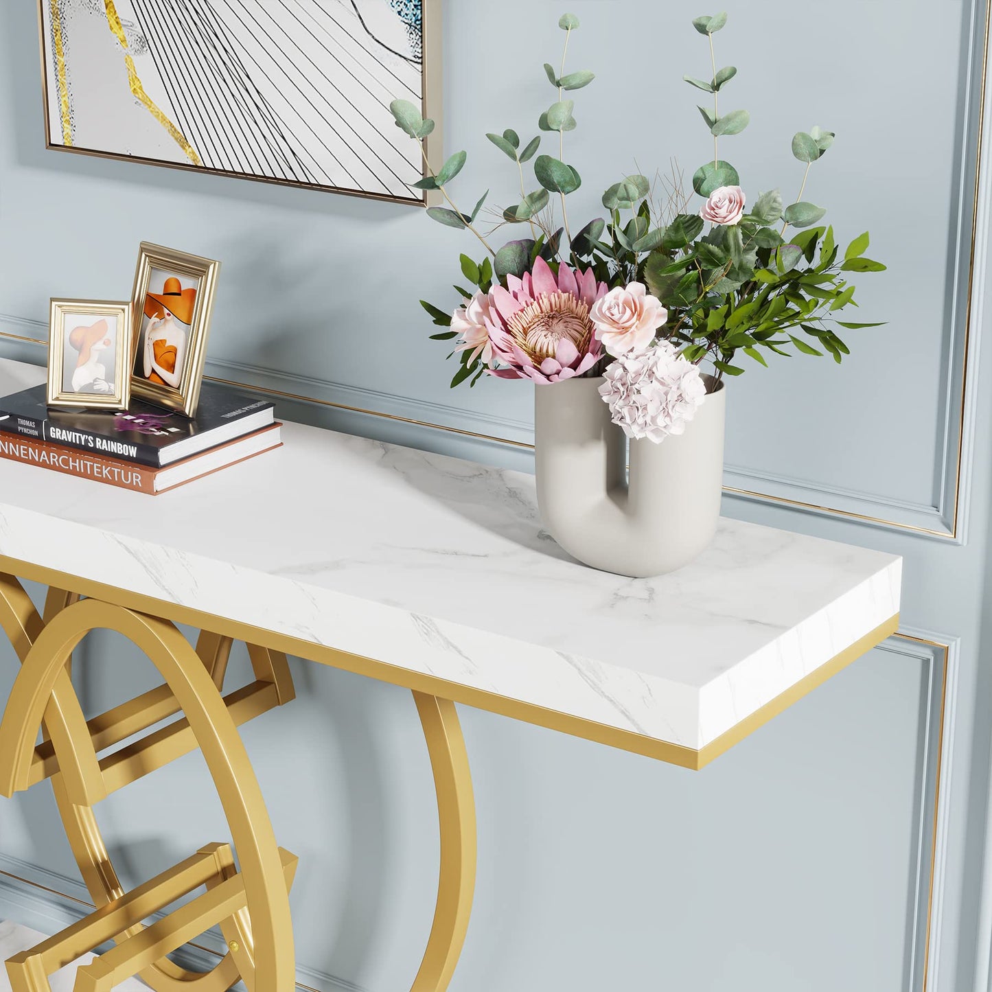 LITTLE TREE 55-Inch Gold Console Table for Entryway, Modern Faux Marble Foyer Table with Geometric Metal Legs, Narrow Long Sofa Table for Living Room