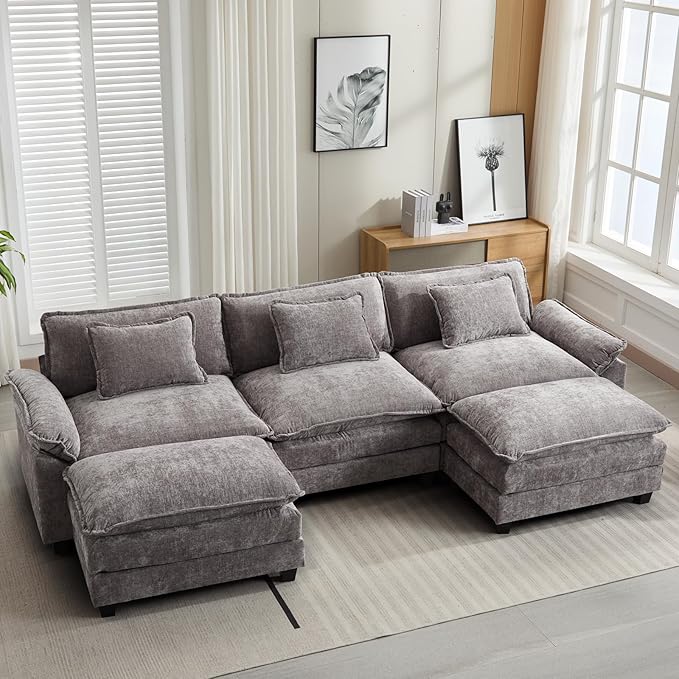 Oprisen 120" Modular Sectional Sofa, Comfy Cloud Couch Sectional Sofa with Ottoman, Chenille Sofa Sleeper Deep Seat Sofa with Throw Pillows for Living Room (Light Gray, 120"- U Shape)