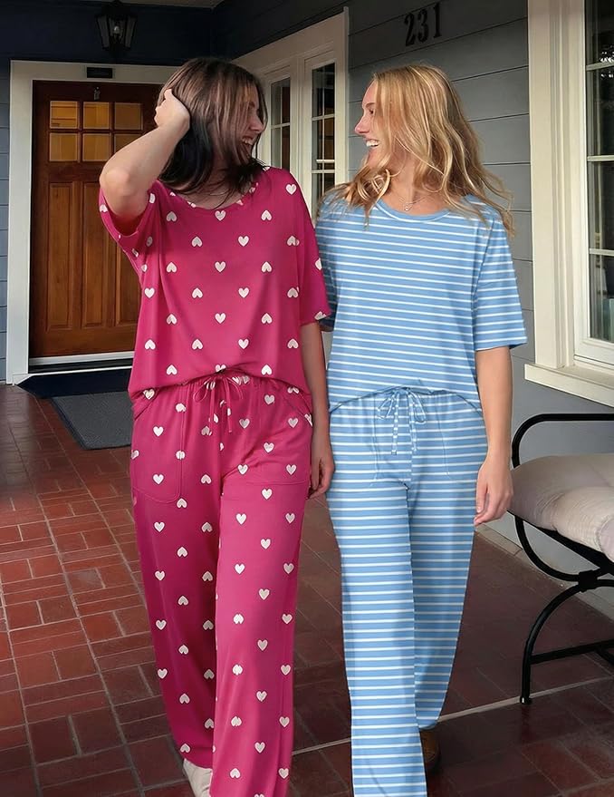 Ekouaer 2 Pack Womens Pajama Sets Short Sleeve Tops and Long Pants Casual Comfy Pjs Lounge Set with Pockets,S-XXL