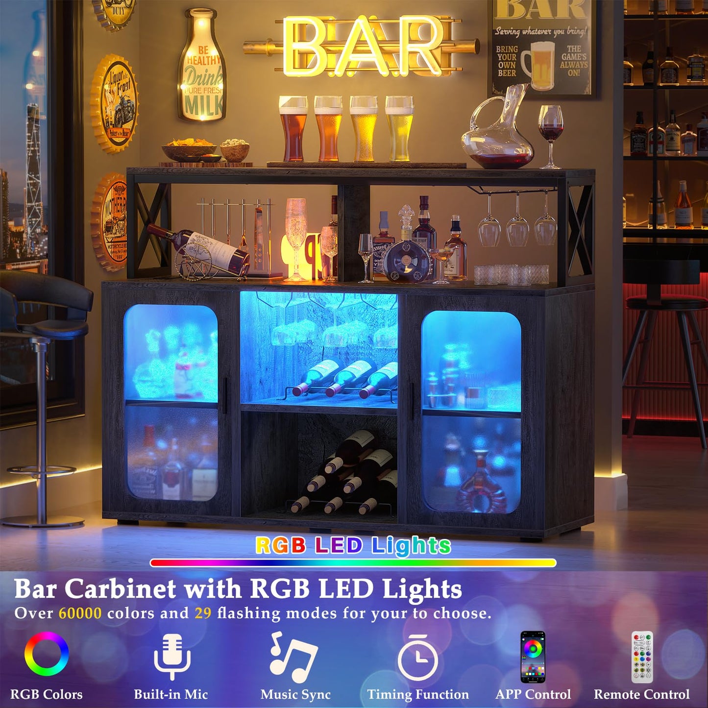 Aheaplus Bar Cabinet with Power Outlets, Liquor Cabinet with Led Lights and Glass Holder, Storage Buffet Cabinet Coffee Bar Cabinet for Liquor, Wine Cabinet with Racks for Home, Kitchen, Grey Oak