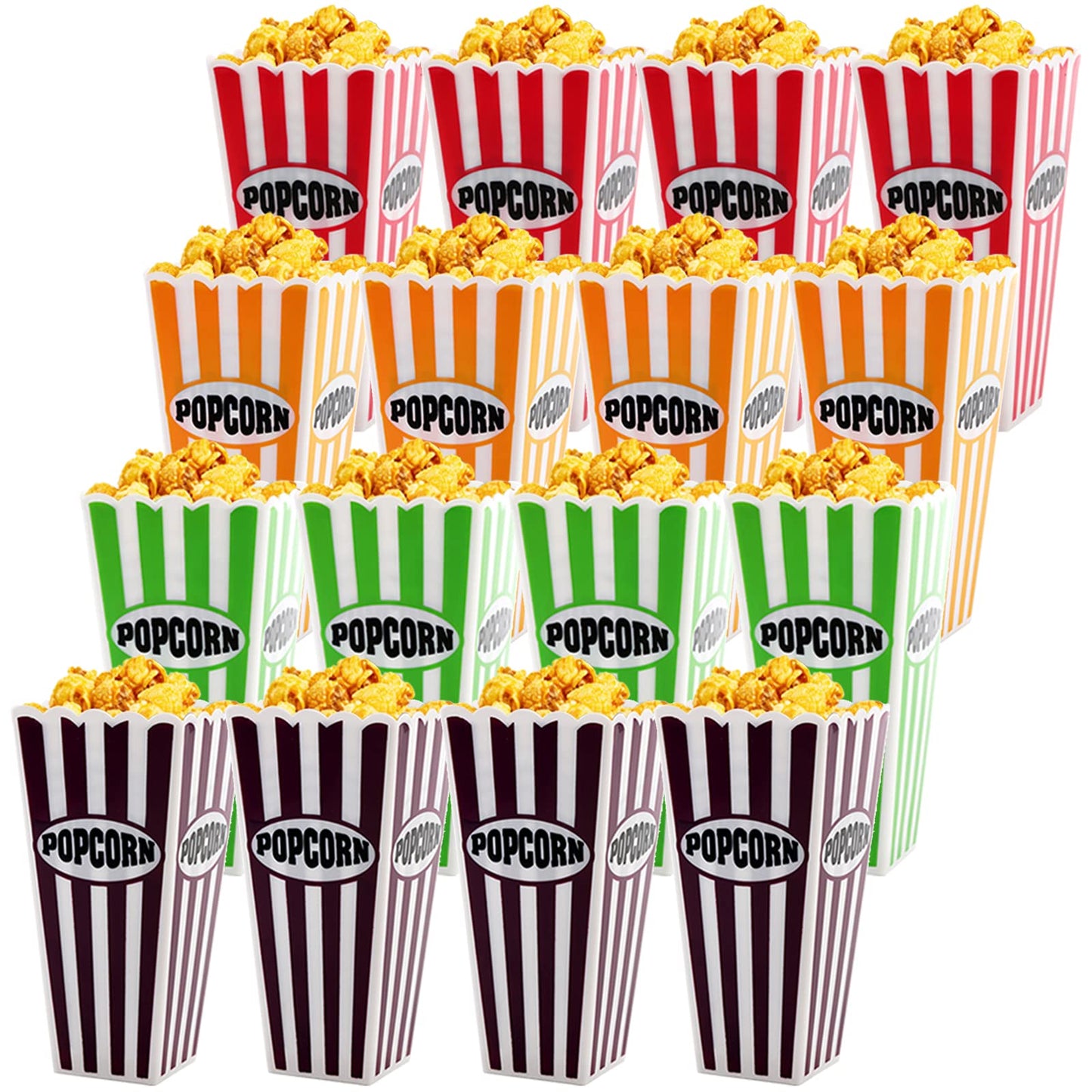 Jucoan 16 Pack Plastic Popcorn Containers, Retro Striped Reusable Popcorn Box Tub for Movie Night, Party, 7.5 x 3.5 Inch