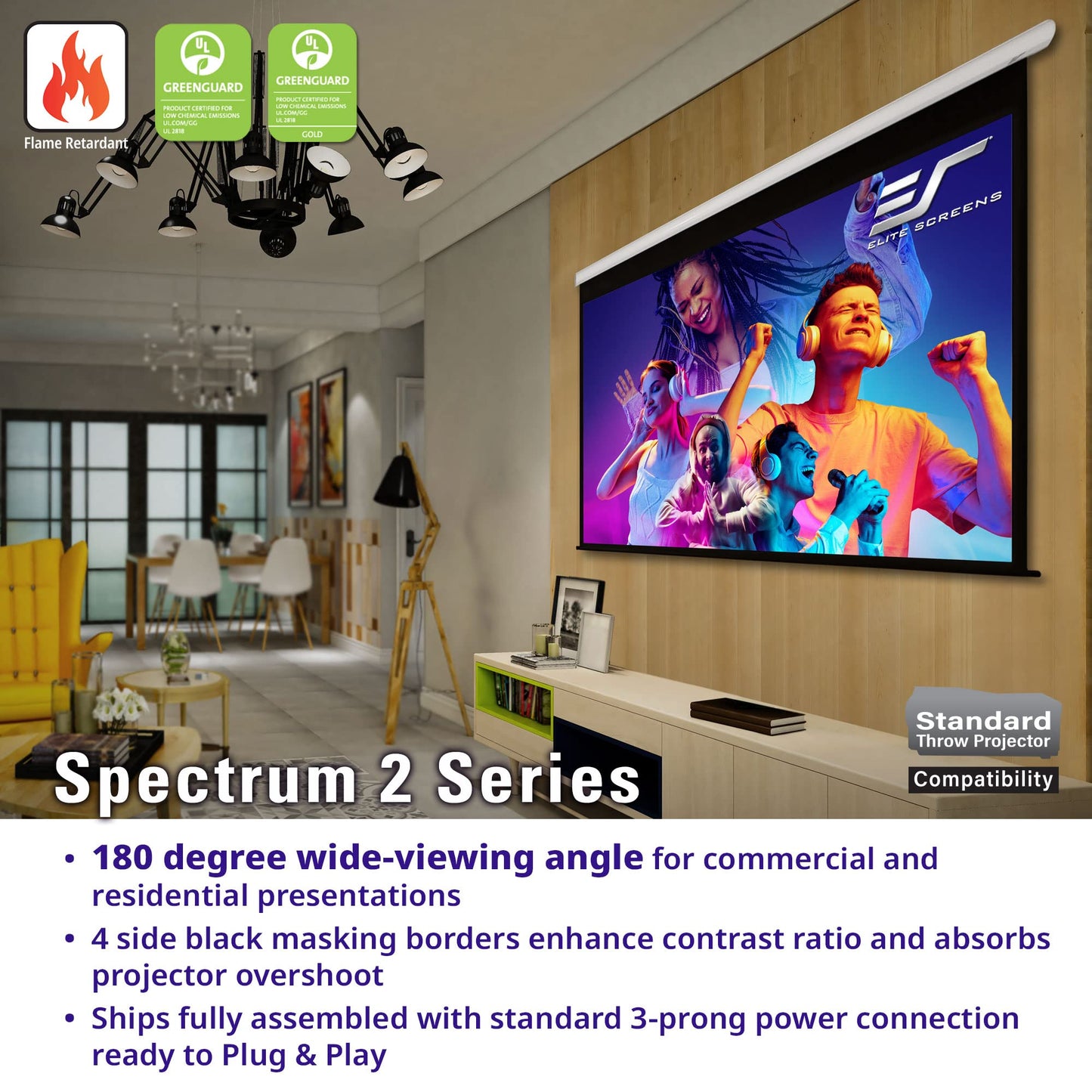 Elite Screens Spectrum2, 120-inch 16:9, 12-inch Drop, Electric Motorized Drop Down Projection Projector Screen, SPM120H-E12