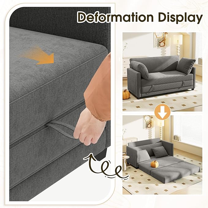 Myroyalsit 65" Convertible Loveseat Sofa Bed, 2-in-1 Folding Sofa Bed with 2 Pillow for Small Spaces, Modern Loveseat Sleeper Couch for Apartment, Living Room & Guest Room (Grey Chenille, 65 inch)