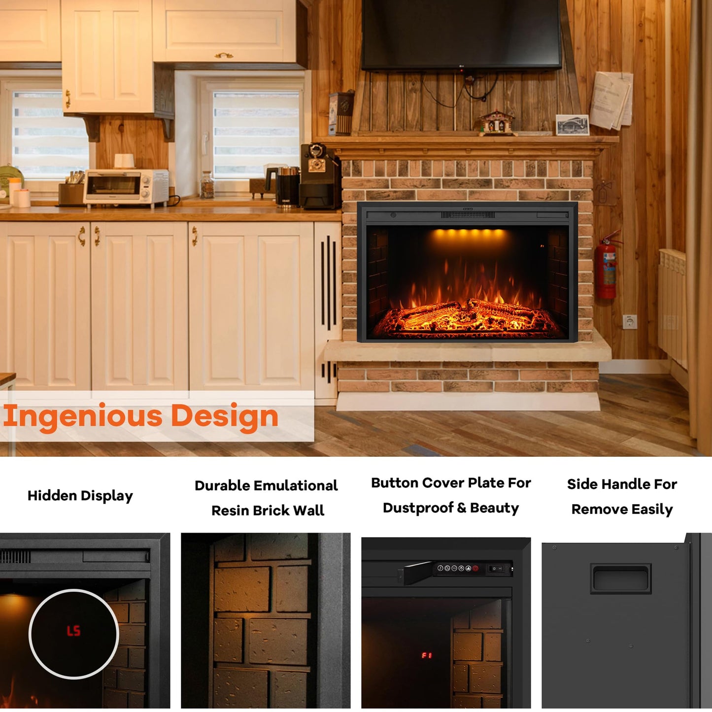 Dreamflame 43 inch Electric Fireplace, Wall Fireplace Electric with Remote Control, Realistic Log and Crackling Sound, Overheating Protection and Timer, 750/1500W Black