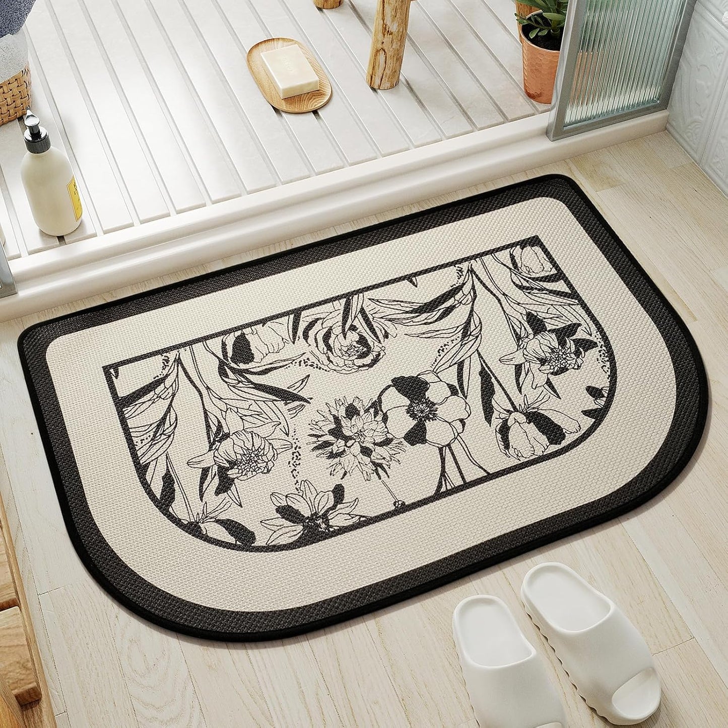 Half Circle Bath Mat,Thin Bathroom Rugs Fit Under Door Quick Dry Non Slip Washable Bathroom Mat with Rubber Backing,Absorbent Woven Half Round Shower Rug