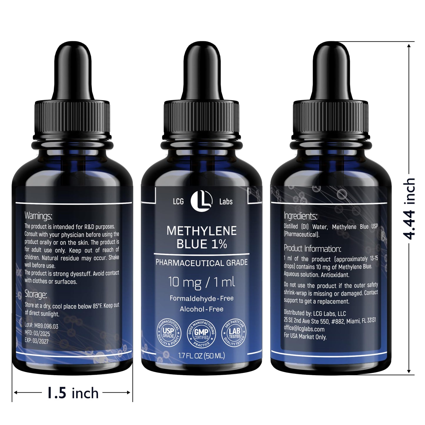 LCG LABS Methylene Blue Drops - Methylene Blue Pharmaceutical Grade 1% - Liquid Drops Aqueous Solution 10 mg / 1 ml - Third Party Tested - Formaldehyde & Alcohol-Free - Made in USA 1.7 Fl OZ