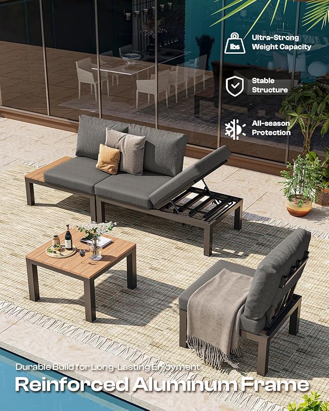 Oasbira Aluminum Outdoor Patio Sofa Set, 2 Seats Modular Sectional Single Seat Sofa Chairs with Removable Cushions, All-Weather Outdoor Conversation Sets for Garden & Yard, Graphite