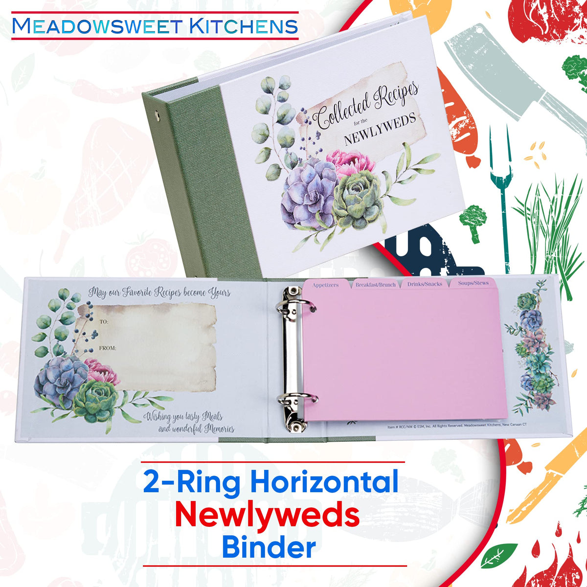 Meadowsweet Kitchens Newlyweds Recipe Card Holder Cookbook Mini 2 Ring Binder Organizer - Recipe Binder Cook Book w/ 50 4 x 6 Cards, 50 Clear Card Sleeves & 12 Card Dividers w/Categories - Newlyweds