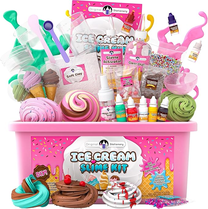 Original Stationery Ice Cream Slime Kit for Girls, DIY Cherry-Scented Slime Making Set with 31 Pieces, Fun Arts and Crafts...