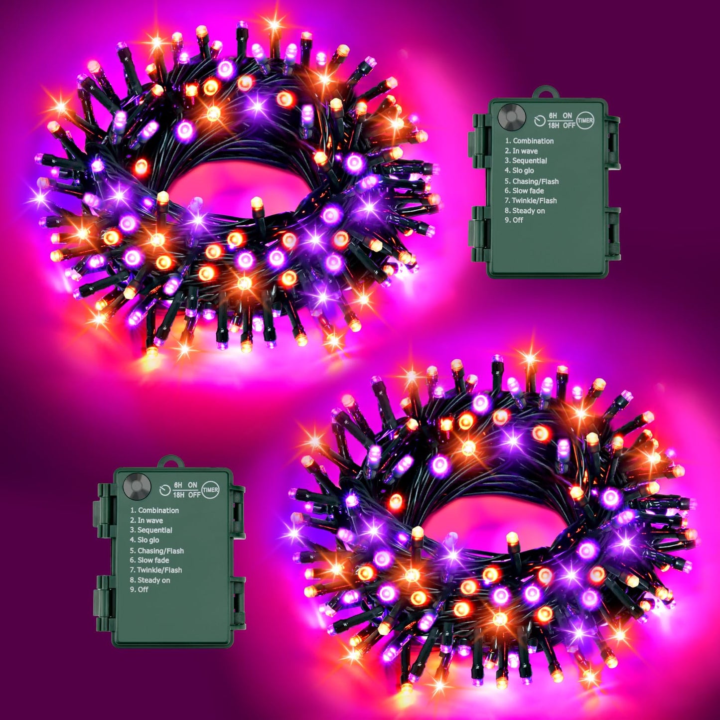 FFZZKJ Halloween Lights String Total 100LED Battery Operated Outdoor 8 Modes with Timer 16.4Ft*2, 50LED*2 Waterproof Fairy Lights Indoor for Halloween Decor, Orange&Purple, 2-Pack