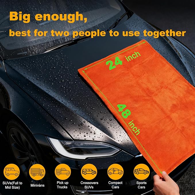 2 Pack Dual-Size Car Drying Towel, Microfiber Towels for Cars, Dual Sided Quick Dry Towel, Drying Towels Car Detailing for Cars, Trucks, SUV [Orange/Gray]