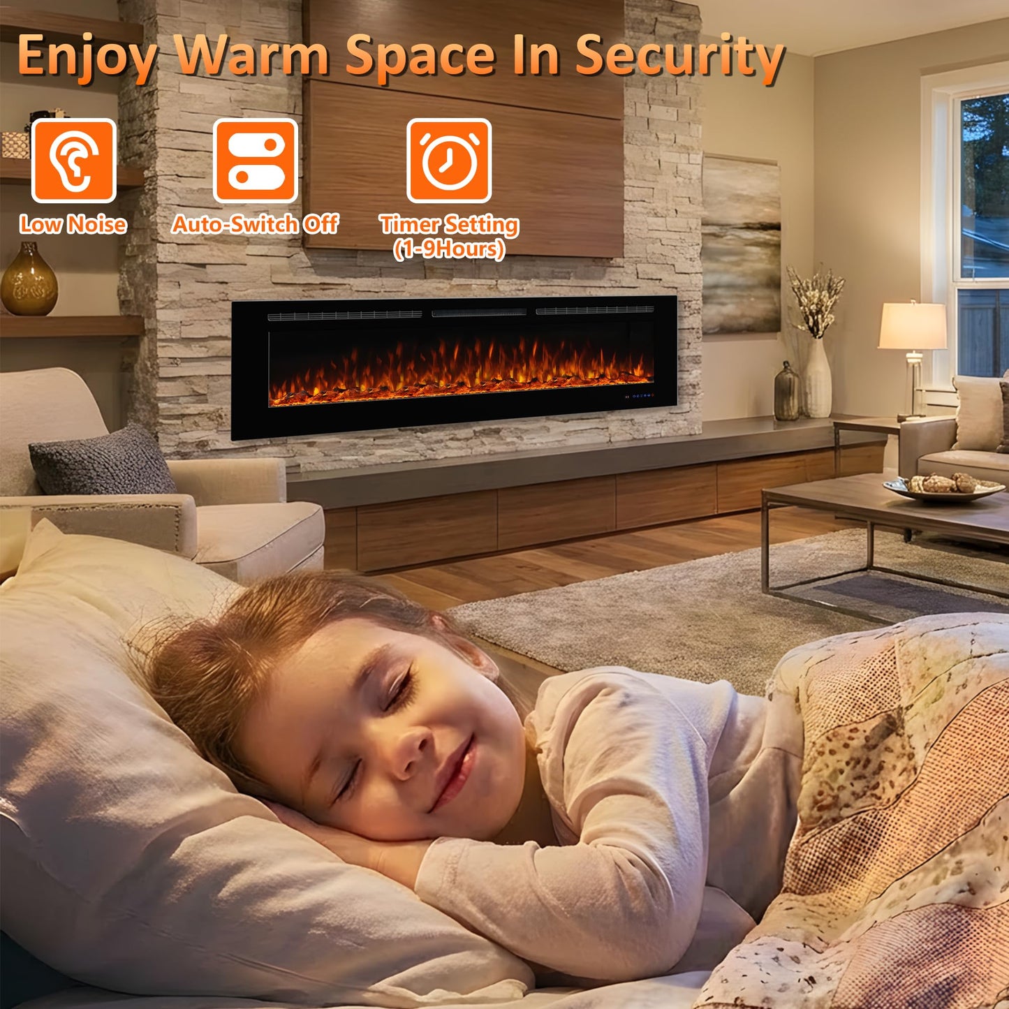 Dreamflame Electric Fireplace 36inches, Wall-Mounted & Recessed Fireplace Inserts, Multicolor Flame w/5 Dimmer, Remote Control Thermostat, Timer, Overheating Protection, Hardwire Connect, 1500W,Black