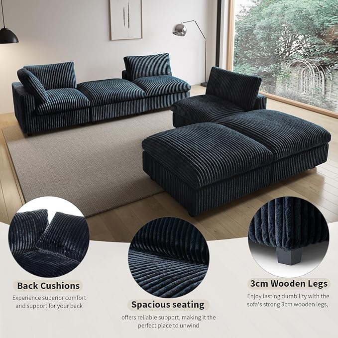 WJShome Cloud Modular Sectional Sofa,160" Oversized L Shaped Sofa Couch with Storage Ottoman,5 Seater Comfy Couch with Chaise Couches,Covers Washable&Replaceable (Black)
