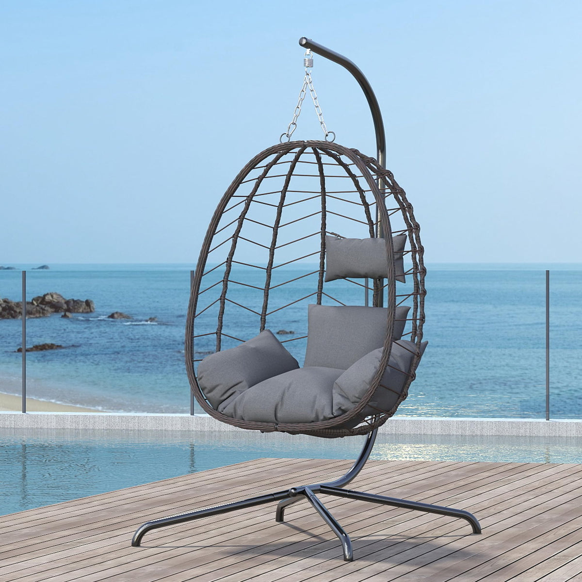 LEX CRAFT Hanging Egg Chair with Stand, Swinging Egg Chair Outdoor Indoor, Hanging Basket Chair with Cushion, Patio Wicker Hammock Chair 350lbs Capacity for Bedroom, Balcony, Backyard, Garden (Grey)