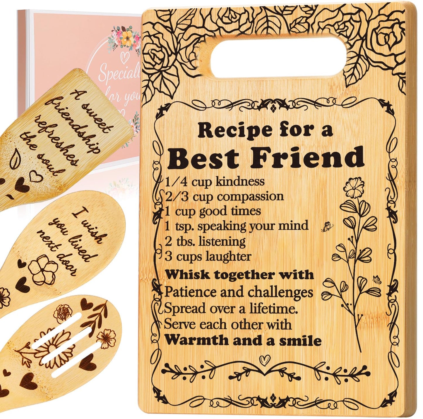 Best Friend Birthday Gifts Cutting Board Set, "Recipe for a Best Friend" Friendship Gifts for Woman Engraved Utensil Friends Gifts for Women Bff Bestie Soul Sister Birthday Mothers Day