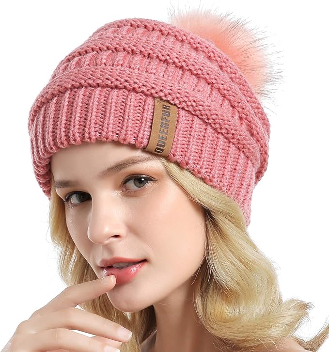 QUEENFUR Women Knit Slouchy Beanie Chunky Baggy Hat with Faux Fur Pompom Winter Soft Warm Ski Cap
