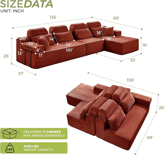 136" L Shaped Cloud Modular Sectional Sofa with Chaise & Headrest, Boneless Deep Seat Plush Corduroy Couches for Large Living Room, No Assembly Required (Orange, 136" L-shapred Chaise)