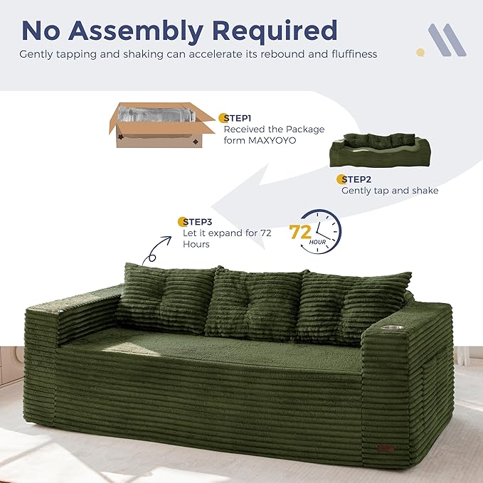 MAXYOYO 79" Oversized Boneless Loveseat Sofa Couch for Small Spaces, Mini Love Seat Floor Couch with Cup Holders and Pillows, 3-Seater Upholstered Cloud Couch for Bedroom, No Assembly Required
