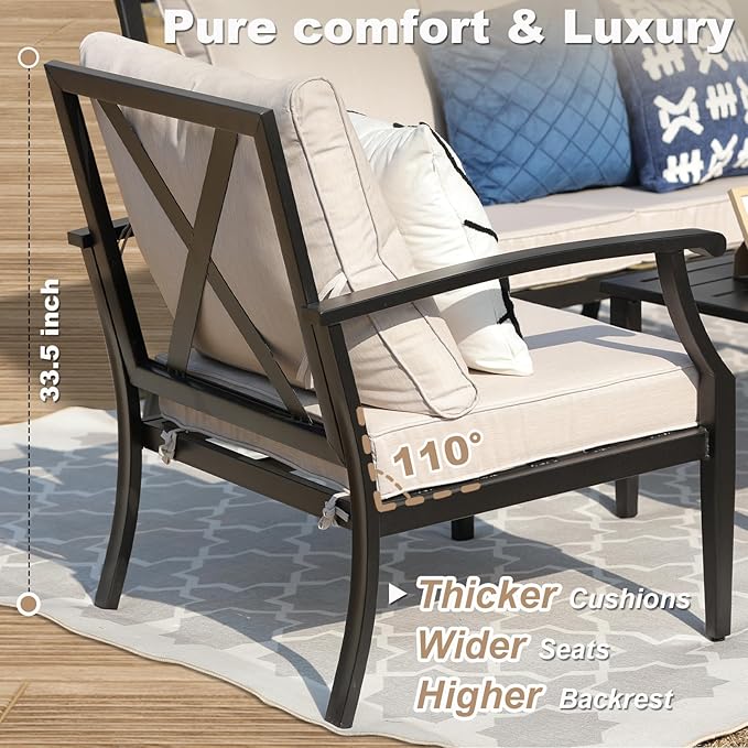 SunloungeCo 4-Piece Patio Furniture Set, Wider Outdoor Metal Seating Sofa with High Back & Loveseat, Coffee Table, All Weather Metal Conversation Set for Backyard, Poolside, Deck-Beige