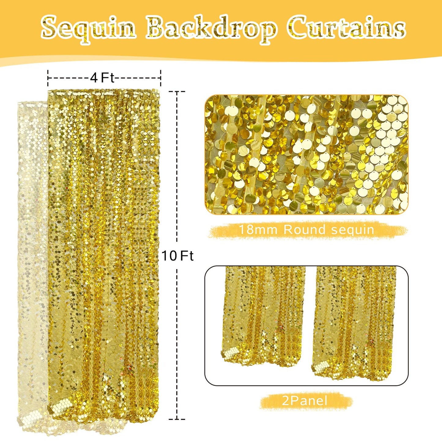 HMQIANG Gold Payette Sequin Backdrop, 4x10 Feet, 2 Panel Shimmer Large Sequin Backdrop Curtain for Decor, Parties, Home