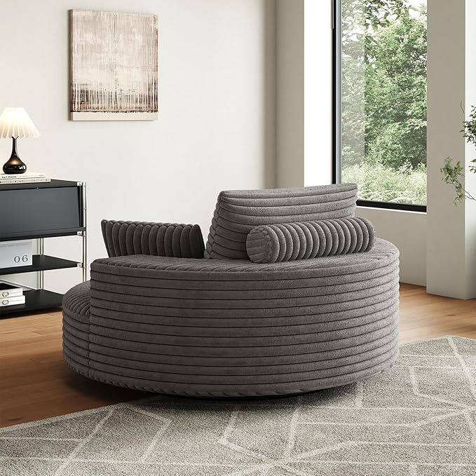 Antetek 360-Degree Oversized Swivel Chair, Modern Round Circle Corduroy Comfy Deep Seat Swivel Accent Chaise Lounge Sofa Chair with Back Cushion & 2 Throw Pillows for Living Room Bedroom Office, Grey