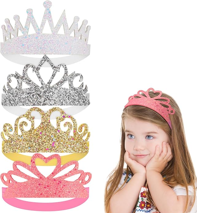 4 Pcs Glitter Tiara Headbands for Girls Elastic Princess Crown Hair Bands Stretch Sparkly Hair Bands for Toddler Girl