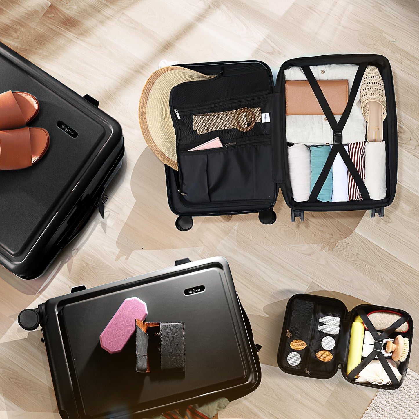TRAVELARIM Hard Shell Luggage Sets with Spinner Wheels 4 Piece, Expandable Large Suitcases with TSA Lock, Travel Large Suitcase Set, Black Luggage Set