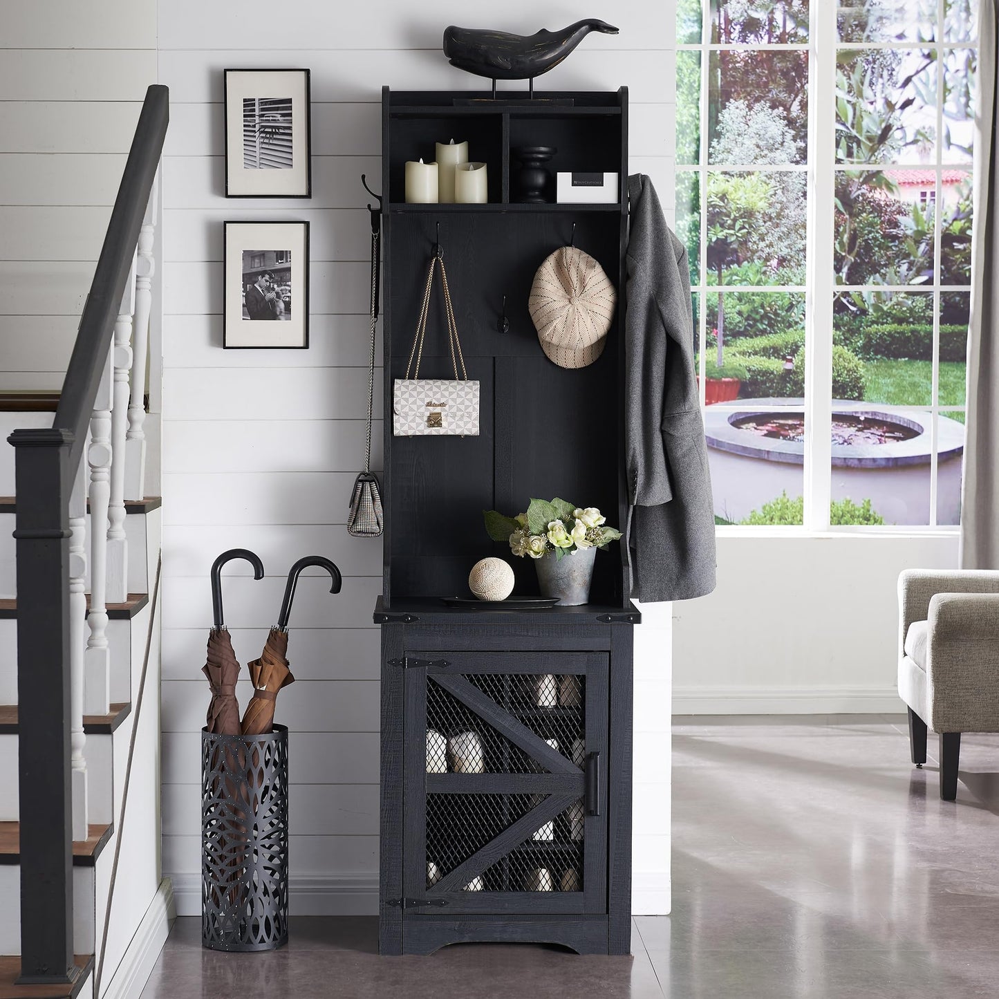 JXQTLINGMU 23" Farmhouse Hall Tree with Shoe Storage, Entryway Bench with 6 Cubbies, 5 Hooks & Barn Doors, Mudroom Coat Rack Cabinet, Black