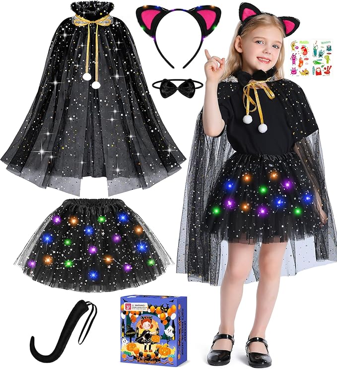 Teuevayl Black Cat Costume and Cape for Girls, 7 Pcs LED Light Up Kids Cat Halloween Costume for Girl Ages 3 4 5 6 7 8