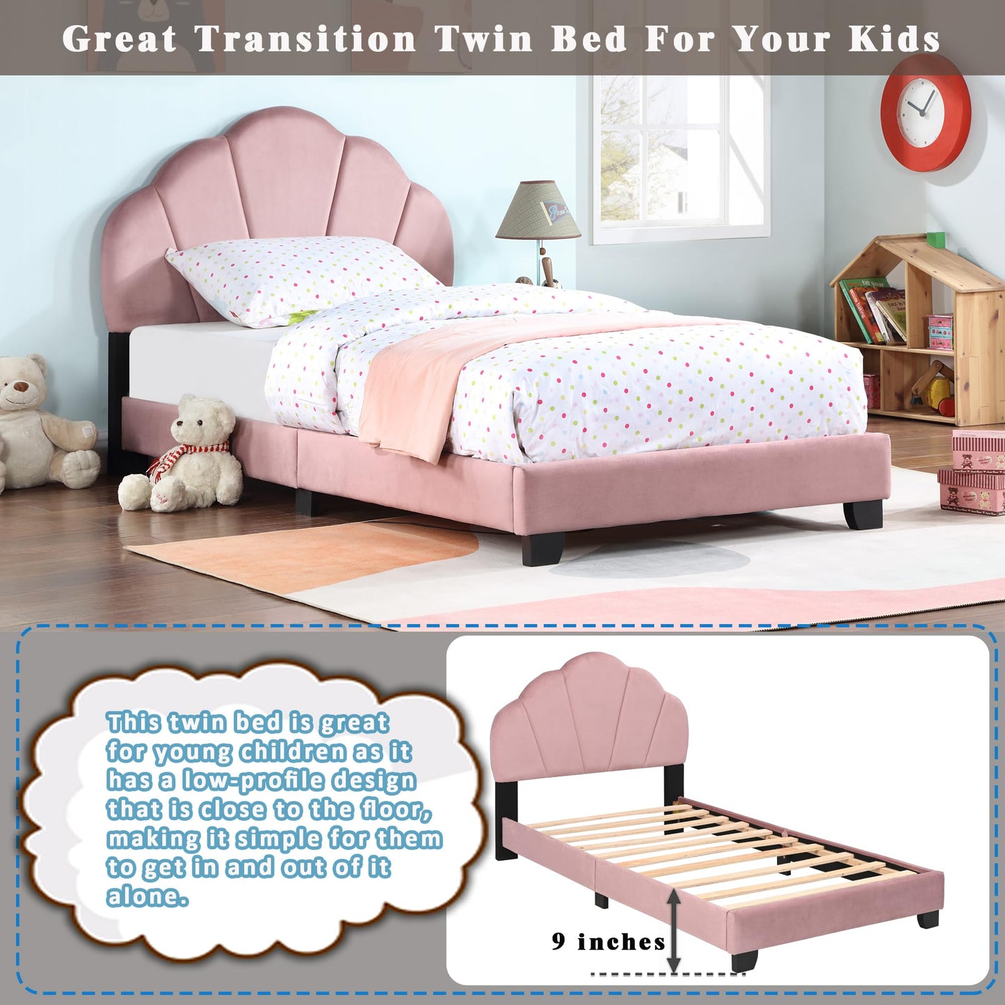 Ball & Cast Twin Size Platform Bed, Cute Shell Shaped Headboard Bed-Frame Girls Boys Teens, Velvet Upholstered Beds with Wood Slat Support, No Box Spring Needed, Pink