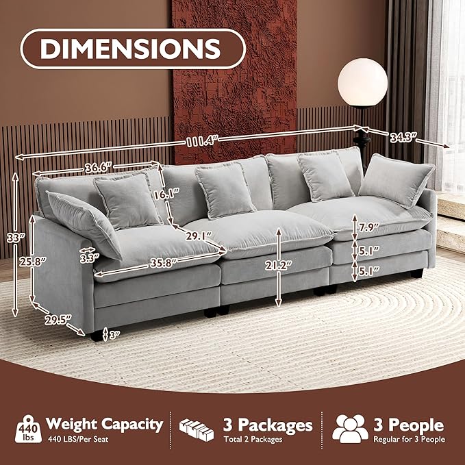 Ihanherry 111.4 Inch 3-Seater Cloud Sofa, Modular Sectional Couch, Modern Deep Seat Sofa for Living Room, Comfy Double Layer Upholstered Seat Cushion, Breathable Chenille Fabric, Grey