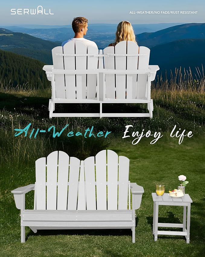 SERWALL Folding Adirondack Bench Set of 2, HDPE All-Weather Adirondack Loveseat, Folding Outdoor Bench, Whire