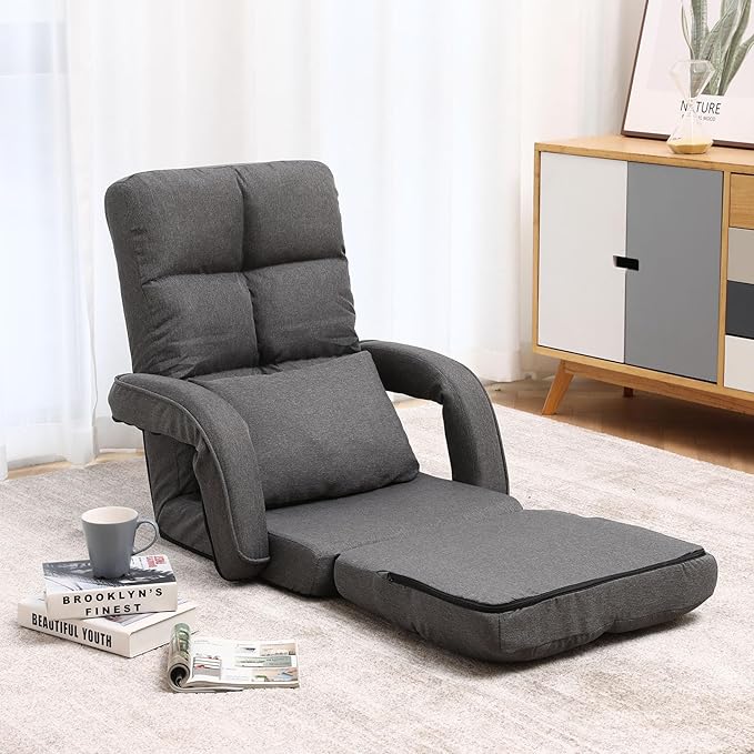 DeeLyan Indoor Floor Chair with Armrest and Pillow Folding Chaise Lounge Sofa 14-Position Adjustable Comfy Gaming Recliner Chair Padded Seats for Adults (Grey)