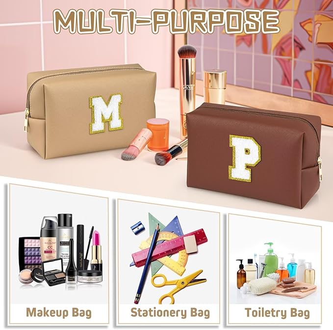 TOPEAST Preppy Makeup Bag, Cute Makeup Pouch PU Leather Waterproof Cosmetic Bag, Personalized Birthday Gifts for Mom Teacher Friends Bridesmaids Nurse, Trendy Stuff for Girls (Khaki I)