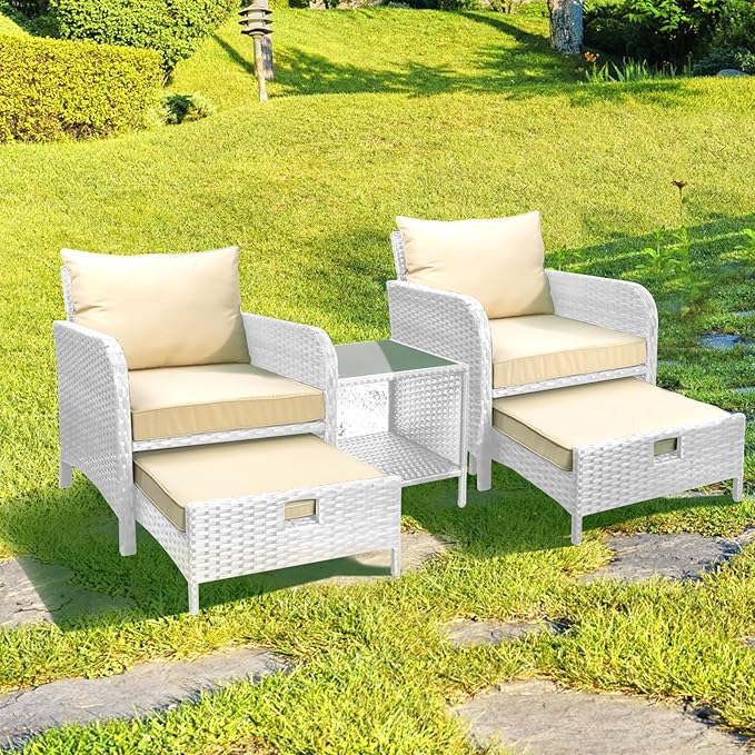 LEVELEVE Balcony Furniture 5 Piece Patio Conversation Set, PE Wicker Rattan Outdoor Lounge Chairs with Soft Cushions 2 Ottoman&Glass Table for Porch