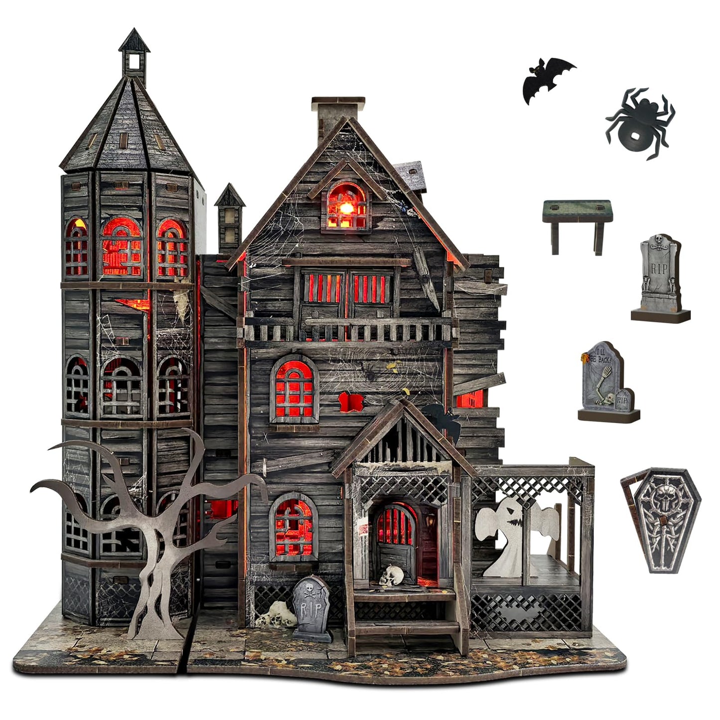 DIY Mini House Kit, Miniature Haunted House Kits with LED Accessories Furniture, 3D Wooden Puzzles for Adults, Dollhouse Craft Gifts for Girls, Boys, Teens