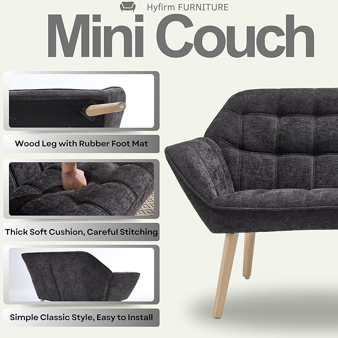 Hyfirm Small Loveseat Sofa, 48 inch Chenille Love Seat for Living Room Comfy Mini Couch with Wood Legs for Small Spaces Bedroom Apartment Office, Dark Grey