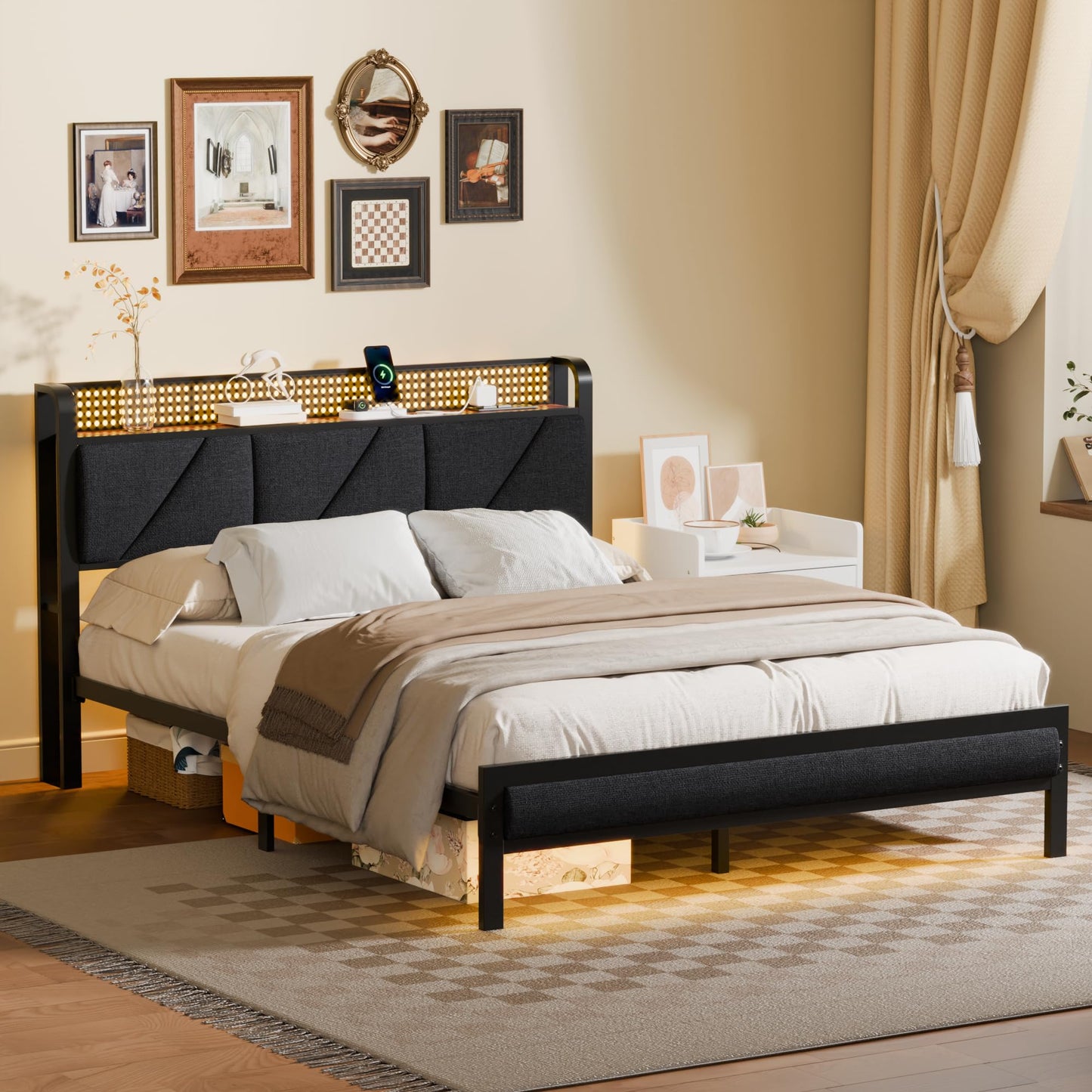 Furnulem Queen Size Bed Frame with Headboard and LED Lights, Upholstered Bedframe with Charging Station and USB Port, Platform Metal Bed Frames, No Box Spring Needed, Noise Free